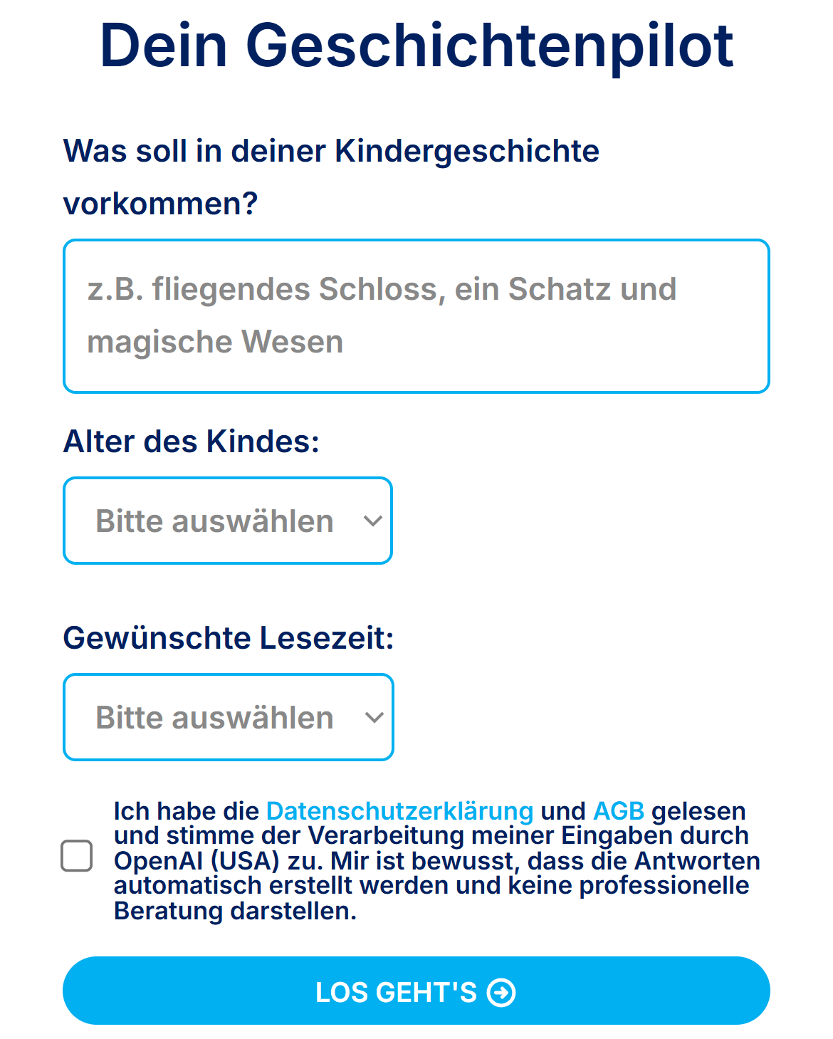 Geschichtenpilot Eingabemaske