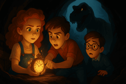 Zauberhafte Kinder, die eine magische Uhr vor einem Monster in der Dunkelheit halten.