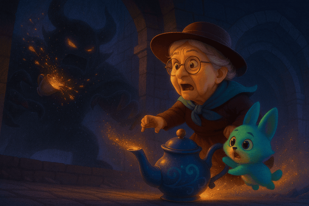 Kampf Monster Kindergeschichte Oma Lore und die fliegende Teekanne