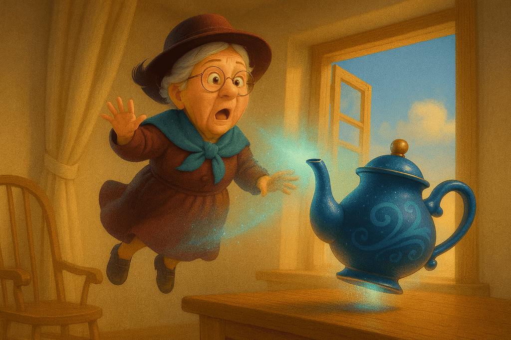 Alte Frau zaubert auf magische Weise einen Wasserkocher, lebendige Fantasie in einem gemütlichen Raum.