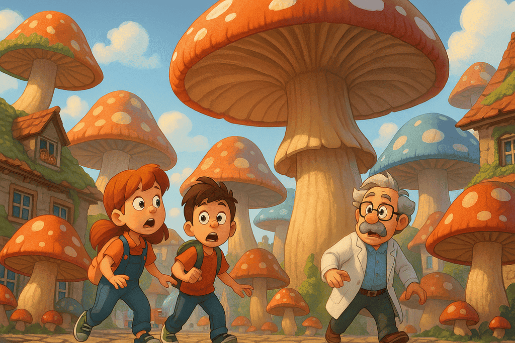 Titelbild Kindergeschichte Mia & Ben und die Pilzinvasion des Professors