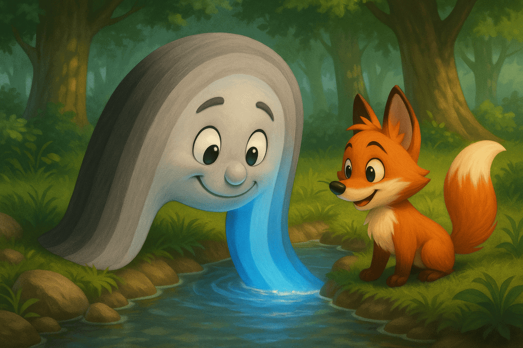 Rote Fuchs mit braunem Fell und lockigem Schwanz, freundliches Wassergeist-Maskottchen in Waldlandschaft.