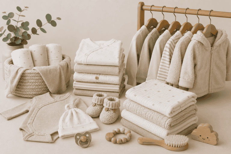 Warme Babykleidung und Textilien für die Erstausstattung.