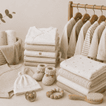Warme Babykleidung und Textilien für die Erstausstattung.