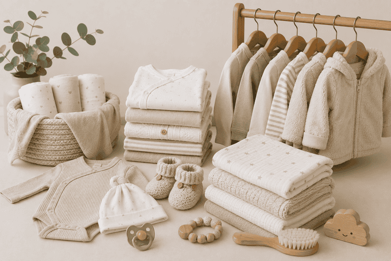 Warme Babykleidung und Textilien für die Erstausstattung.