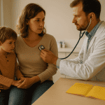 Hochwertiges Familienarzt-Patienten-Gespräch, Kinder und Eltern bei Untersuchung, medizinische Beratung.