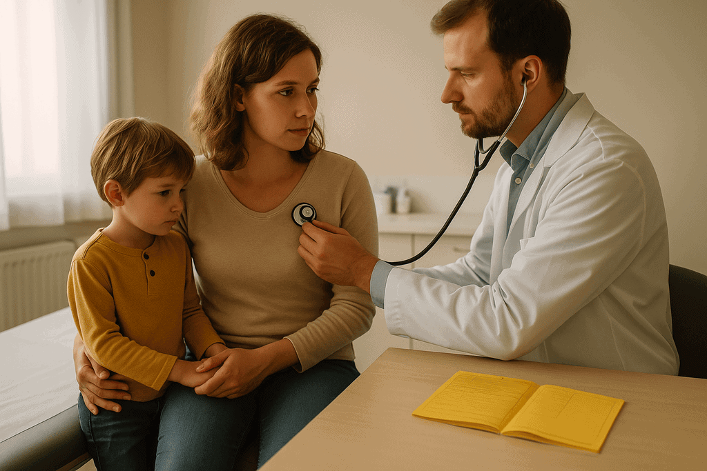 Hochwertiges Familienarzt-Patienten-Gespräch, Kinder und Eltern bei Untersuchung, medizinische Beratung.