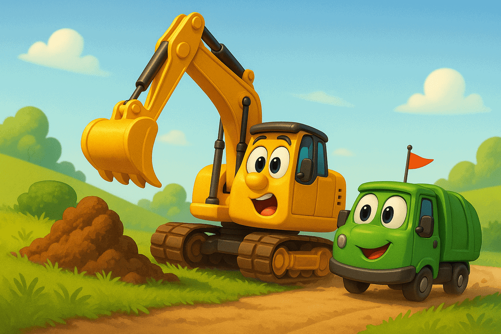 Gelber Bagger und grüne Müllwagen, Kinderautos, spielendes Bauwagen-Team, kindgerechte Baustelle, Familienfahrzeuge, familienfreundliche Fahrzeuge, Familienautos, spielende Kinderautos.