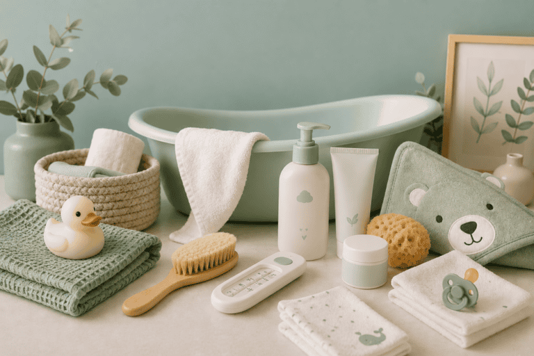 Badezimmer-Set mit Badewanne, Pflegeprodukten und Wickelzubehör in Pastellgrün.