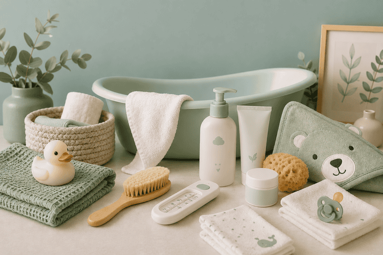 Badezimmer-Set mit Badewanne, Pflegeprodukten und Wickelzubehör in Pastellgrün.