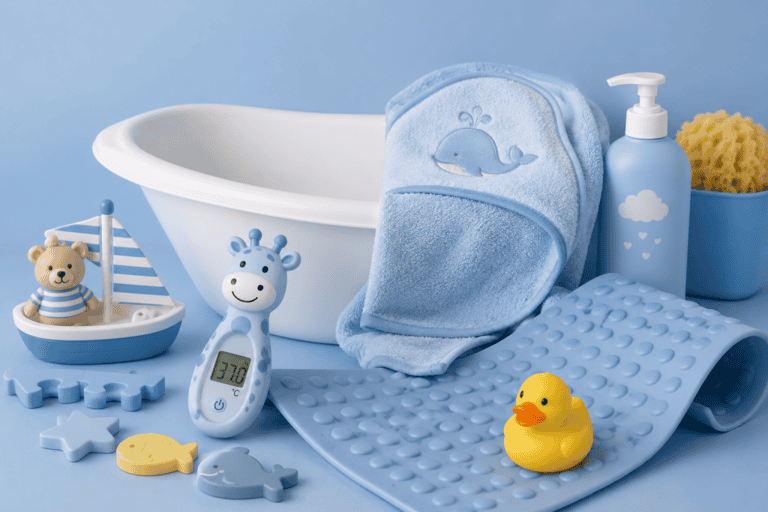 Badezimmer-Set für Babys mit Badewanne, Handtuch, Spielzeug und Pflegeprodukte.