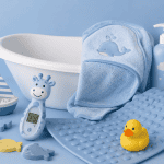 Badezimmer-Set für Babys mit Badewanne, Handtuch, Spielzeug und Pflegeprodukte.