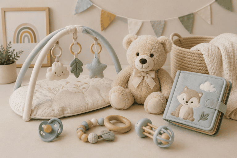 Süße Babyspielzeuge und Kuscheltiere für die Erstausstattung.