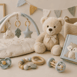 Süße Babyspielzeuge und Kuscheltiere für die Erstausstattung.