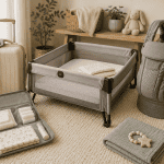 Reise-Erstausstattung für Babys mit Tragetasche, Wickelauflage und Zubehör.