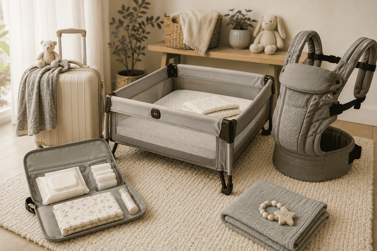 Reise-Erstausstattung für Babys mit Tragetasche, Wickelauflage und Zubehör.