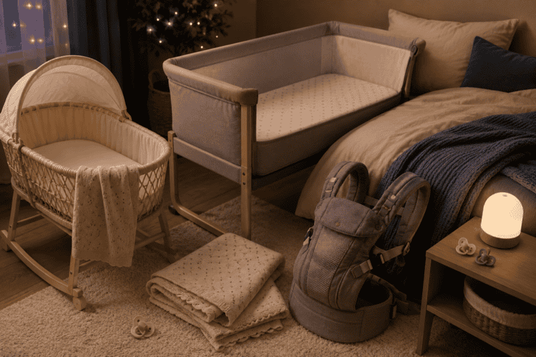 Erstausstattung für Babyschlaf: Wiegtisch, Babybett, Wickelauflage, Rucksack, Decken und Nachtlicht.