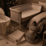 Erstausstattung für Babyschlaf: Wiegtisch, Babybett, Wickelauflage, Rucksack, Decken und Nachtlicht.
