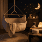 Gemütliches Babybett im Schlafzimmer mit Mond- und Sternen-Dekor.