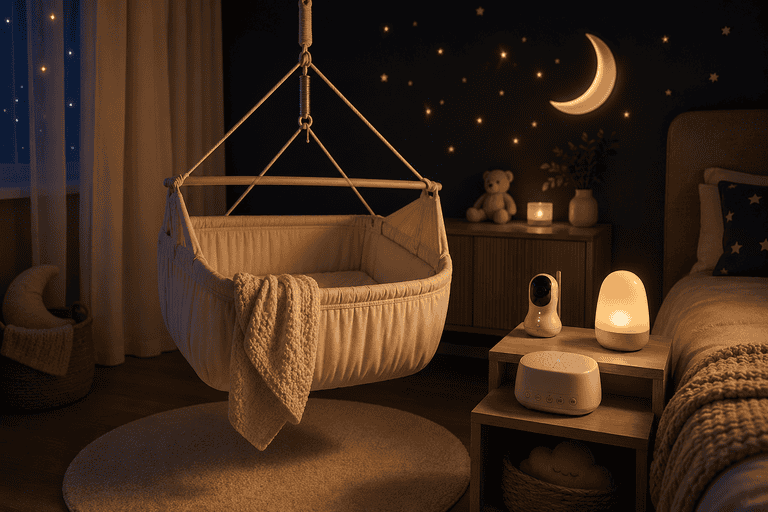 Gemütliches Babybett im Schlafzimmer mit Mond- und Sternen-Dekor.