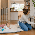Mutter installiert Kindersicherung an TV-Möbel im Wohnzimmer.