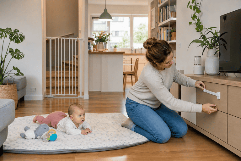 Mutter installiert Kindersicherung an TV-Möbel im Wohnzimmer.