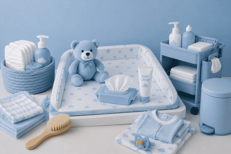 Baby Wickelkommode mit Wickelutensilien in Blau und Weiß.