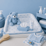 Baby Wickelkommode mit Wickelutensilien in Blau und Weiß.