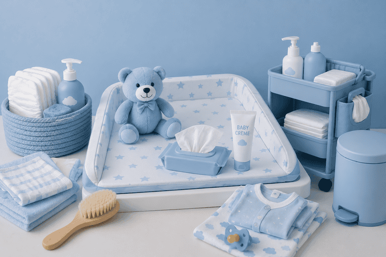 Baby Wickelkommode mit Wickelutensilien in Blau und Weiß.